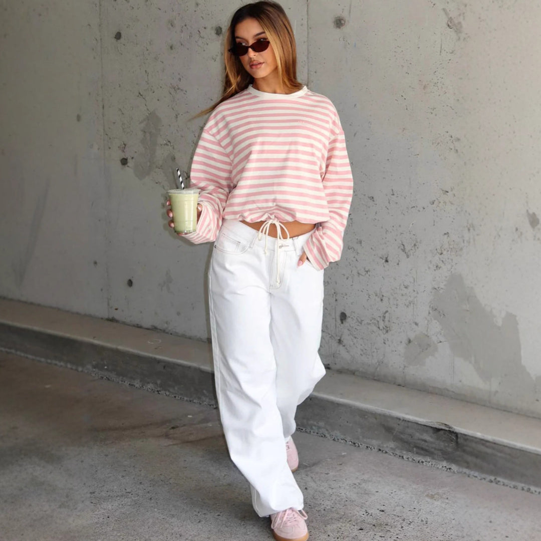 Damen cropped gestreifter Sweatshirt mit Kordelzug EB