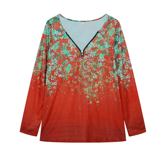 Damen Langarmshirt mit farbenfrohem Blütenmuster und modernem Zipper EB