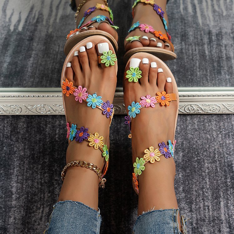 Damen Sommer Sandalen mit buntem Blüten-Design und rutschfester Sohle EB