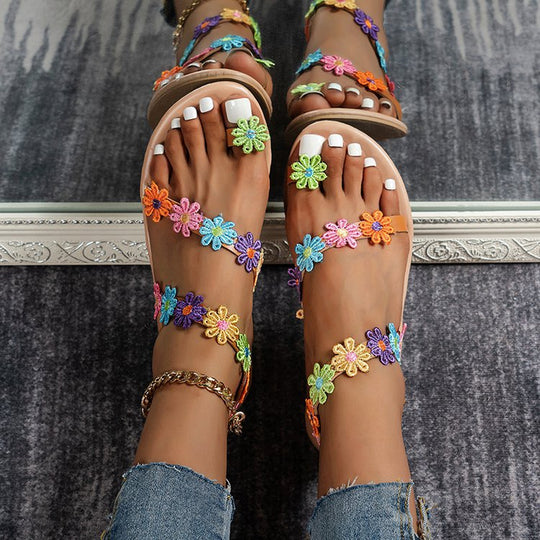 Damen Sommer Sandalen mit buntem Blüten-Design und rutschfester Sohle EB