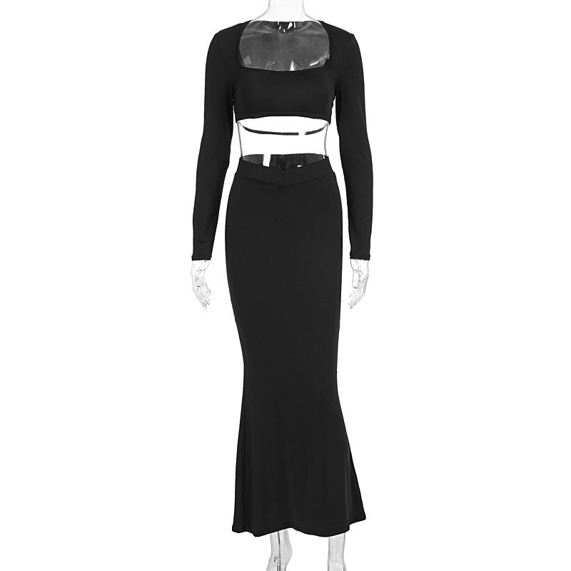 Damen Elegantes Set aus Crop-Top und Maxirock mit transparentem Detail EB