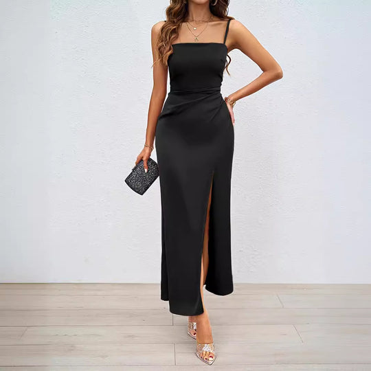 Damen Elegantes Maxikleid mit schmalen Trägern und seitlichem Schlitz EB