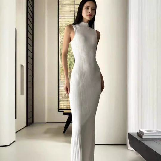 Damen Elegantes Langarm Maxikleid im Rippstrick-Stil EB