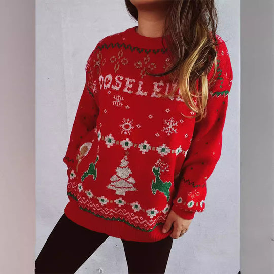 Damen Weihnachts-Pullover mit festlichem Motiv und Rundhalsausschnitt EB