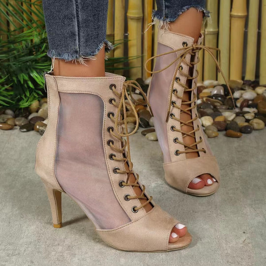 Damen Halboffene High Heel Stiefel mit transparentem Seiteneinsatz und Schnürung EB