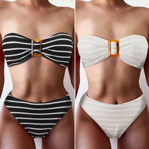 Damen Bandeau-Bikini mit modischem Streifenmuster und dekorativer Schnalle EB
