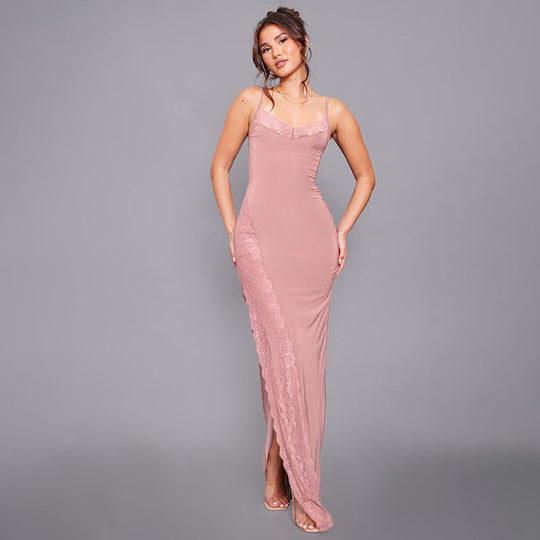 Damen elegantes Spitzen-Maxikleid mit zarten Trägerspitzendetails EB