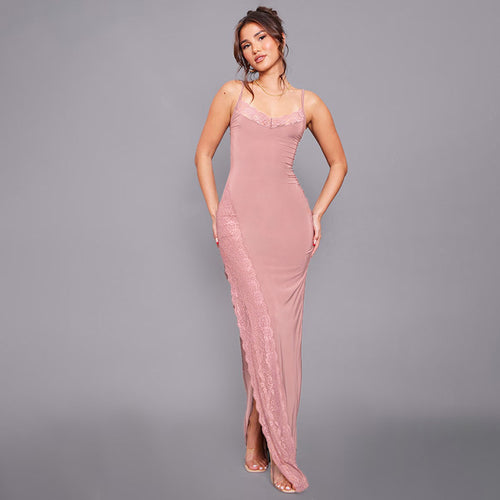 Damen elegantes Spitzen-Maxikleid mit zarten Trägerspitzendetails EB