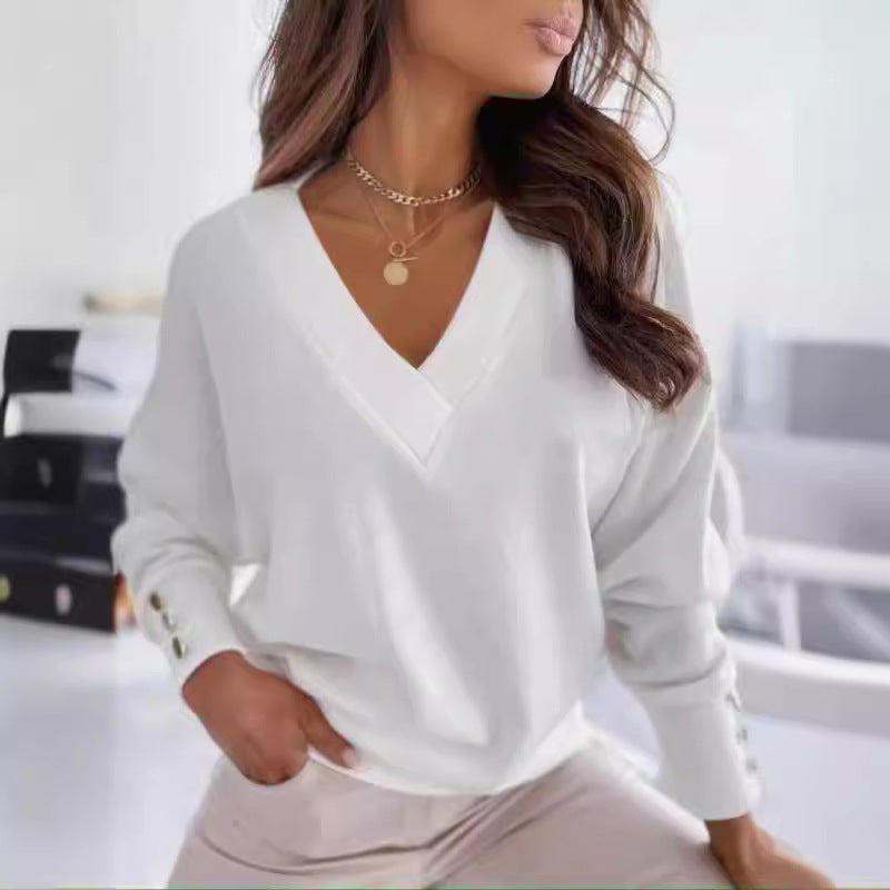 Damen eleganter V-Ausschnitt Pullover mit stilvollen Knopfdetails EB
