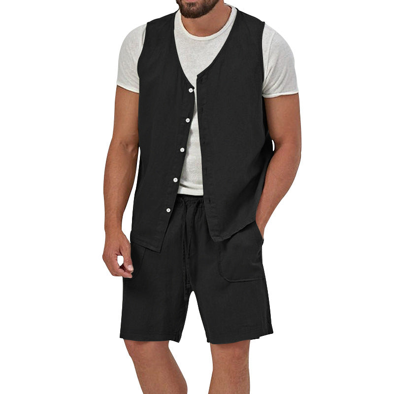 Herren nan zweiteiliges Freizeit-Set mit ärmelloser Knopfweste und weiten Kordelzug-Shorts mit aufgesetzten Taschen EB