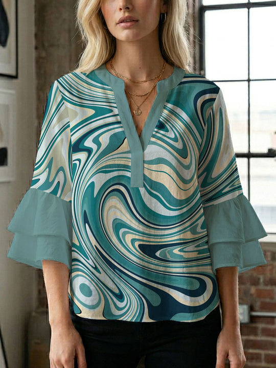 Damen Blusenshirt mit voluminösen Ärmeln und kreativem Druckdesign EB