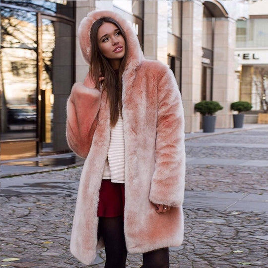 Damen Flauschige Kapuzenjacke aus Kunstfell mit dekorativem Schnitt EB