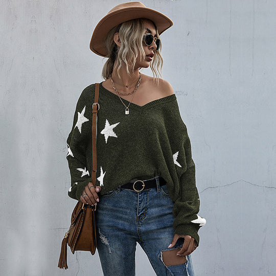 Damen lässiger Strickpullover mit asymmetrischem Schnitt und Sternenmuster EB