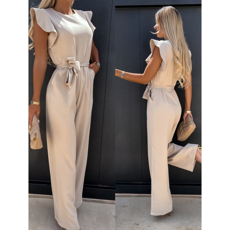 Frauen Fließender Weitbeiniger Jumpsuit mit Rüsche Ärmel EB