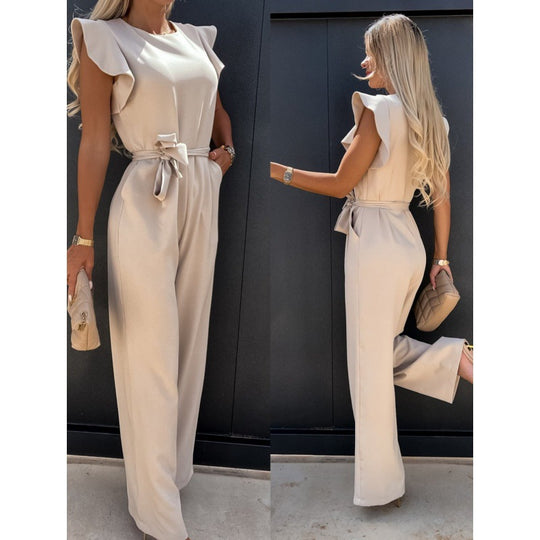 Frauen Fließender Weitbeiniger Jumpsuit mit Rüsche Ärmel EB