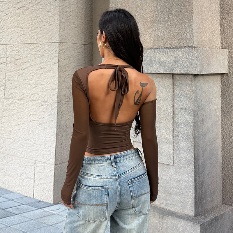 Damen stilvolles Bustier-Top mit langen transparenten Ärmeln und Knotendetail EB