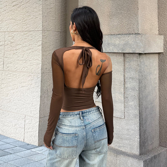 Damen stilvolles Bustier-Top mit langen transparenten Ärmeln und Knotendetail EB