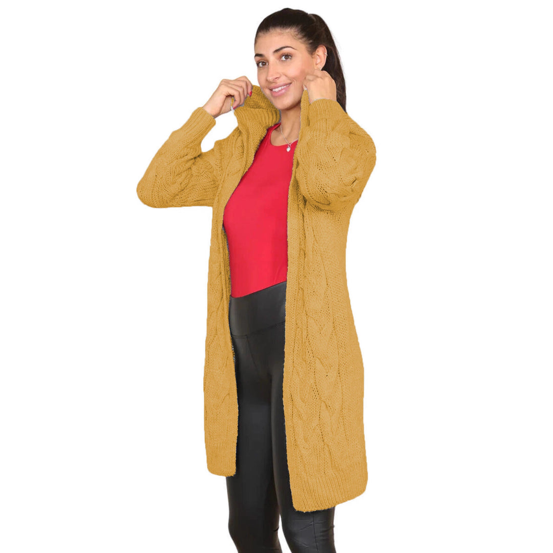 Damen Großer Strickmantel mit Kapuze und Zopfmuster EB