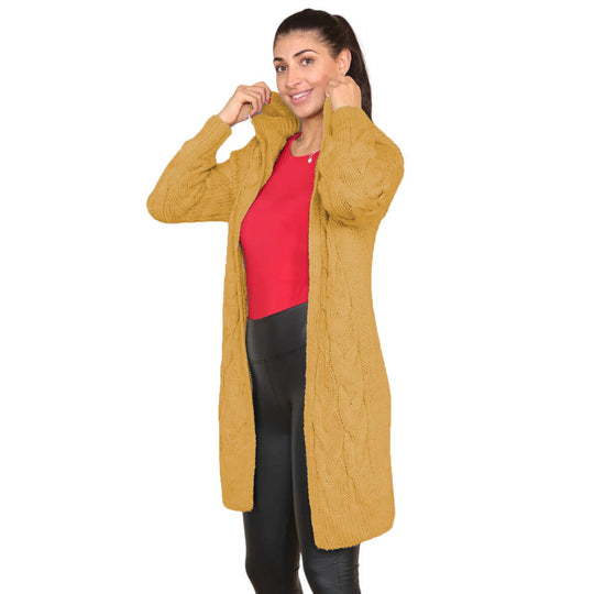 Damen Großer Strickmantel mit Kapuze und Zopfmuster EB