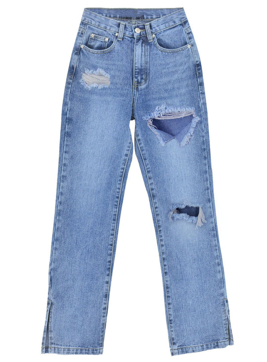 Damen lässige Ripped Jeans mit hoher Taille und modernen Fransen EB