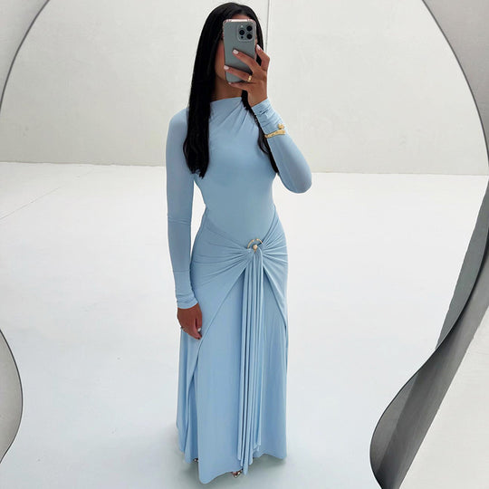 Damen Elegantes Maxikleid mit Drapierungsdetails und langem Arm EB