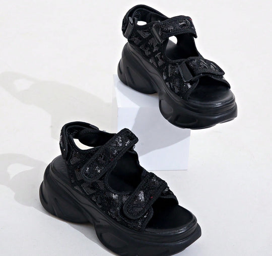 Damen Glamouröse Plateau-Sandalen mit verstellbaren Riemen und funkelnden Applikationen EB
