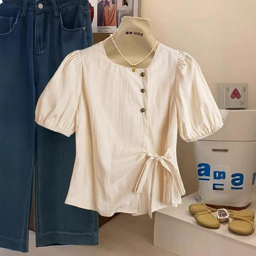 Damen Elegantes Wickeloberteil mit Knopf- und Schleifendetails EB