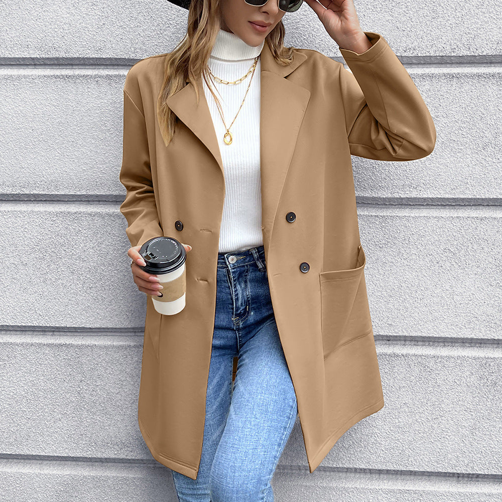 Damen elegante Oversized-Blazerjacke mit doppelter Knopfleiste und praktischen Taschen EB
