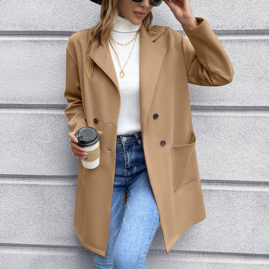 Damen elegante Oversized-Blazerjacke mit doppelter Knopfleiste und praktischen Taschen EB