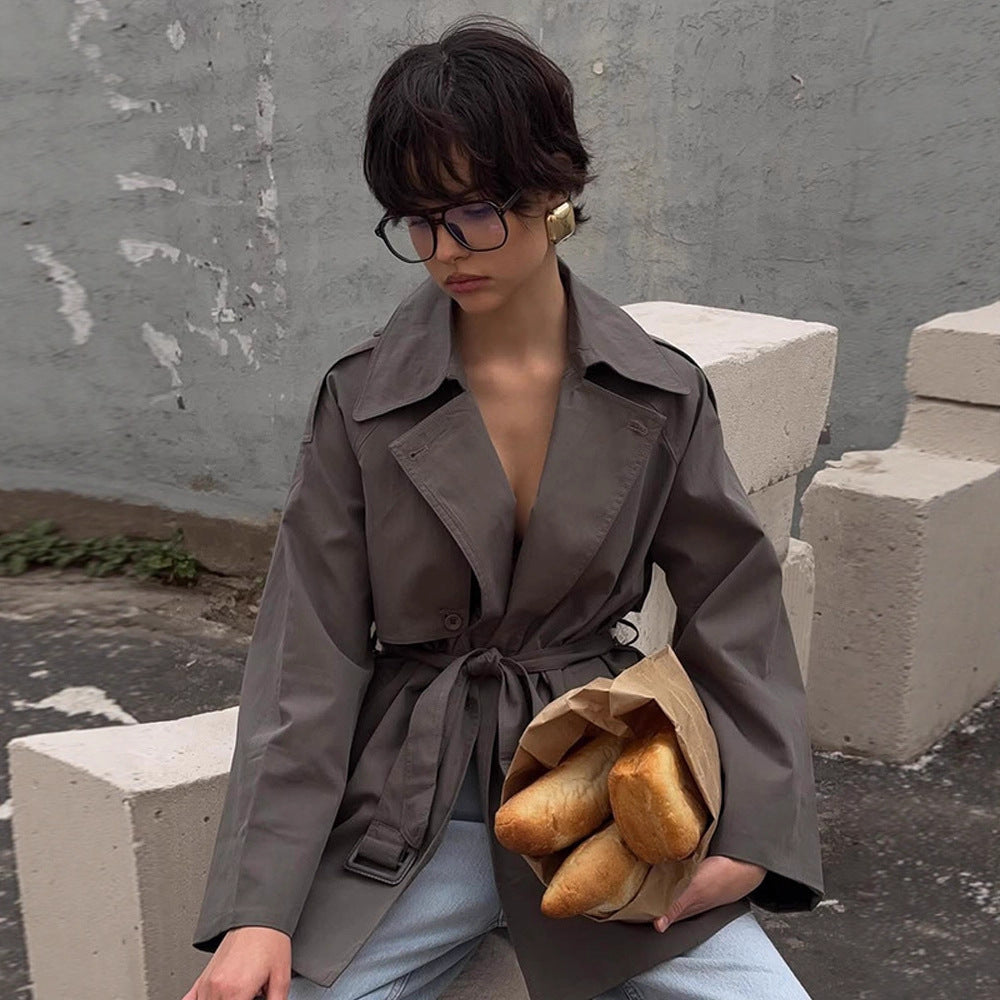 Damen modische Trenchcoat-Jacke mit abnehmbarem Gürtel und oversized Schnitt EB