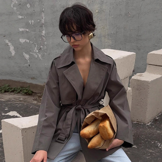 Damen modische Trenchcoat-Jacke mit abnehmbarem Gürtel und oversized Schnitt EB