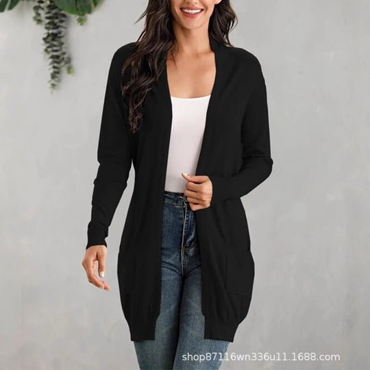 Damen Lange Strickjacke mit offenen Front und praktischen Taschen EB