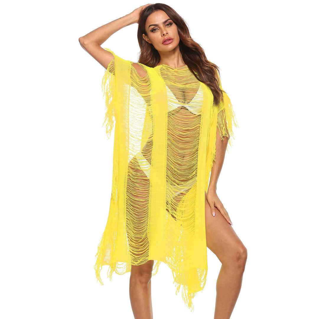 Damen eleganter fransiger Strandüberwurf mit transparenten Akzenten EB