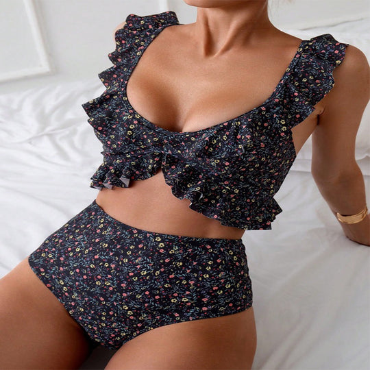 Damen Hochgeschnittener Bikini mit floralem Rüschendesign EB