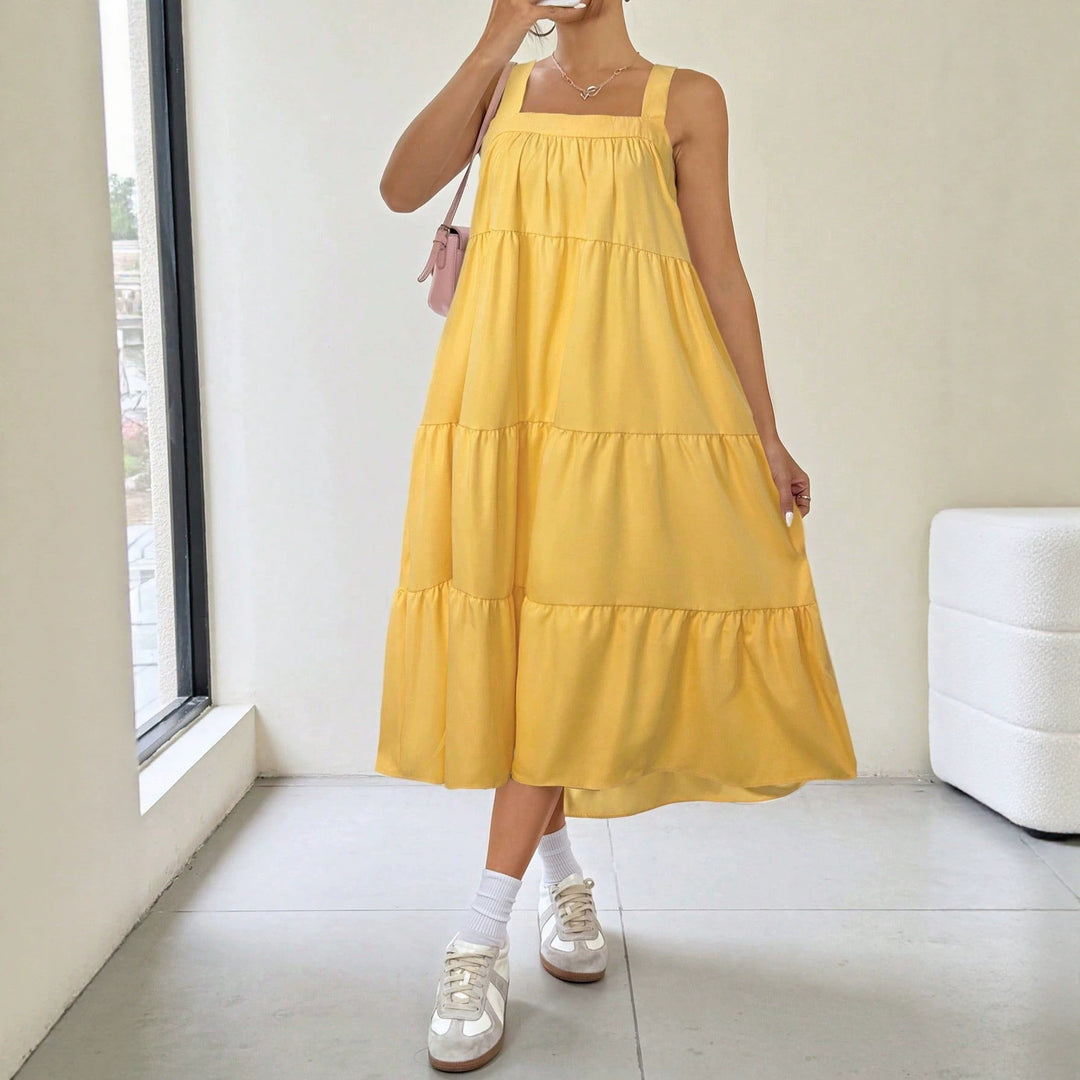 Damen luftiges Maxikleid mit Rüschendetails und seitlichem Schlitz EB