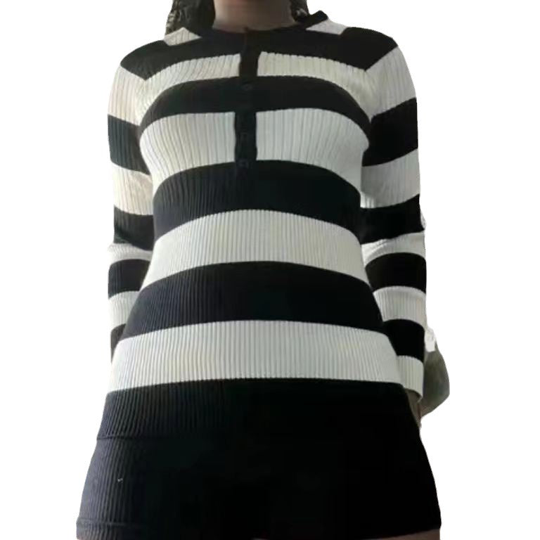 Damen Langarmshirt mit Knopfleiste und Streifenmuster EB