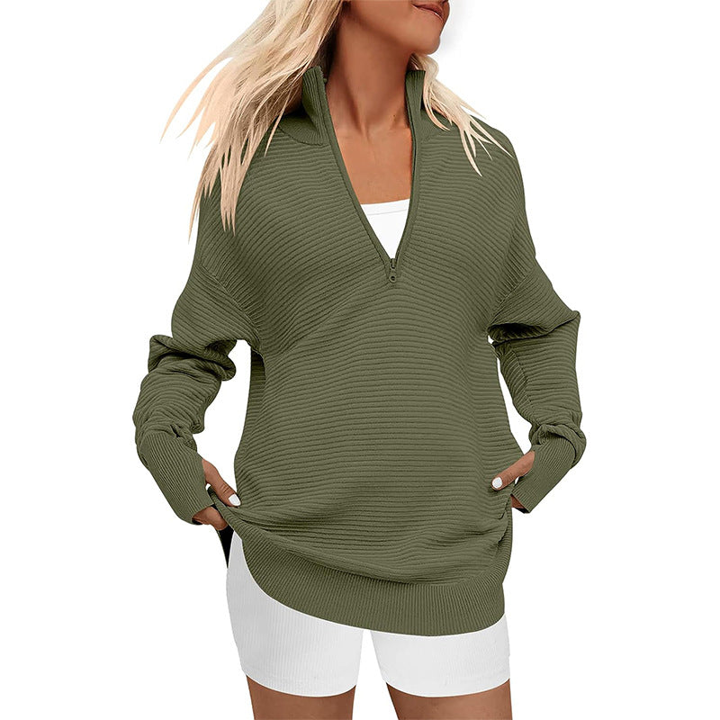 Damen Oversized Pullover mit Stehkragen und Reißverschluss EB