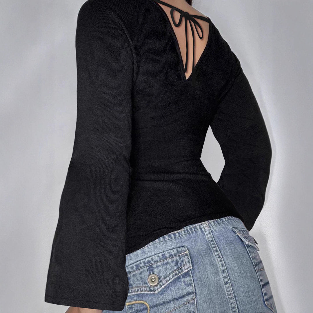 Damen nan figurbetontes Langarm-Top mit tiefem V-Ausschnitt, Nackenband zum Binden und taillierter Silhouette EB