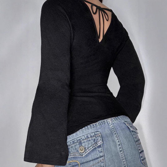 Damen nan figurbetontes Langarm-Top mit tiefem V-Ausschnitt, Nackenband zum Binden und taillierter Silhouette EB