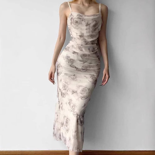 Damen figurbetontes Maxikleid mit raffinierten Rüschen und floralem Muster EB
