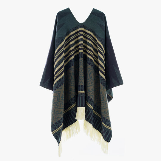 Damen Jacquard‑Ruana im Deckenstil mit V‑Ausschnitt, geometrischem Ethno‑Muster und Fransensaum EB