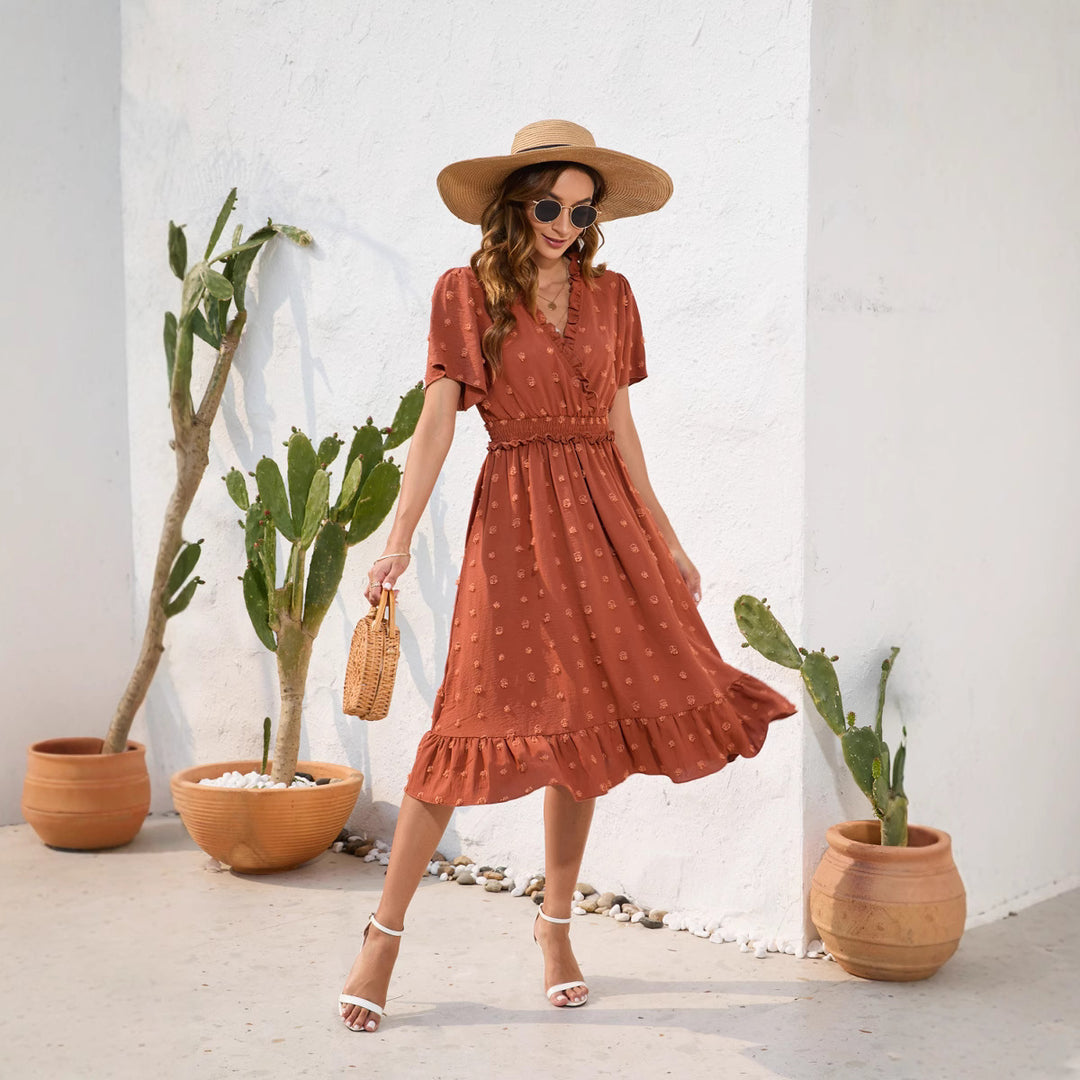 Damen Midikleid mit raffiniertem V-Ausschnitt, elastischem Taillenzug und fließendem Rock EB