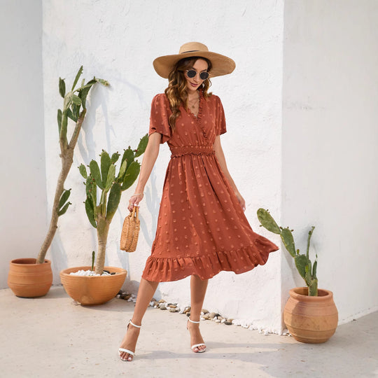 Damen Midikleid mit raffiniertem V-Ausschnitt, elastischem Taillenzug und fließendem Rock EB