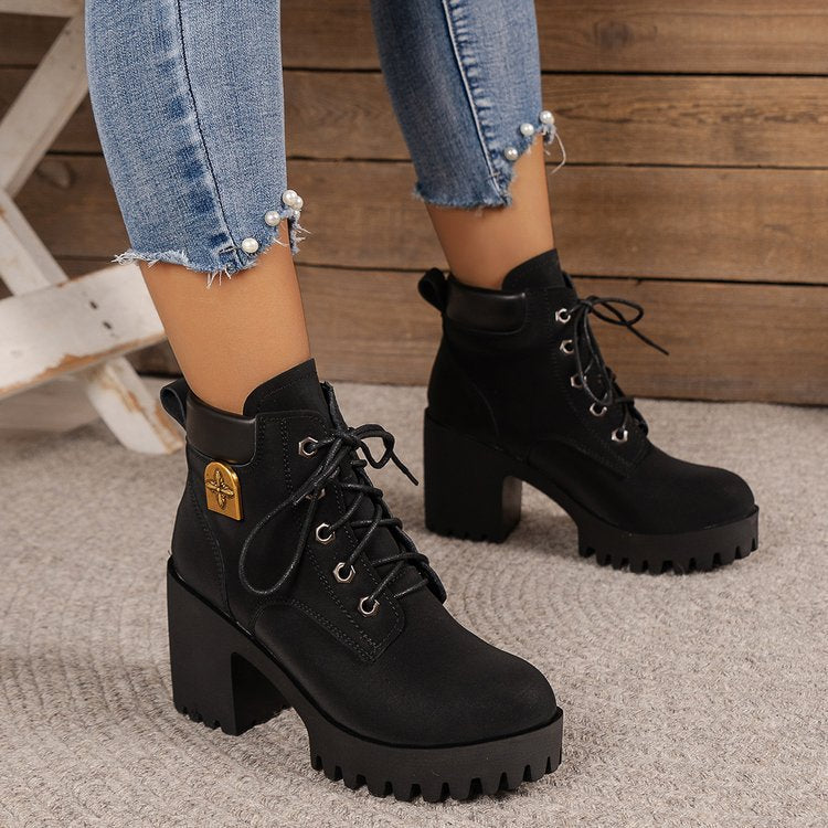 Damen modische Ankle Boots mit robustem Blockabsatz und elegantem Schnürdesign EB
