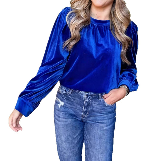 Damen Samtbluse mit Ballonärmeln und gerafftem Stehkragen EB