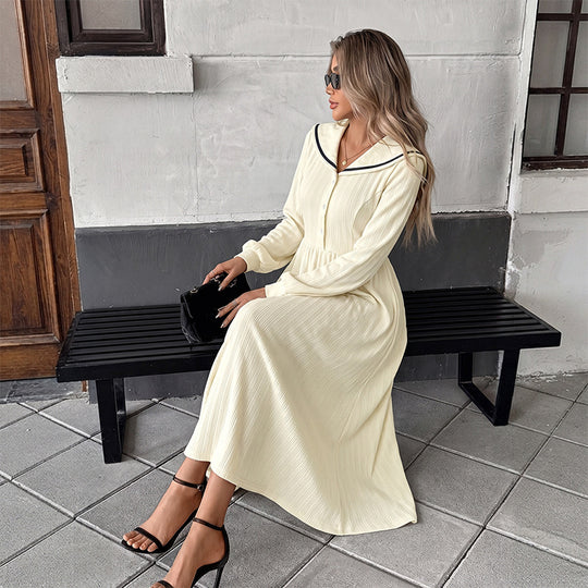 Damen Midikleid mit Matrosenkragen, geraffter Taille und Knopfleiste EB