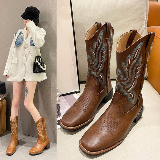 Damen Western-Cowboy-Boots mit aufwendiger Stickerei, mittlerer Schafthöhe und robuster Blockabsatz EB