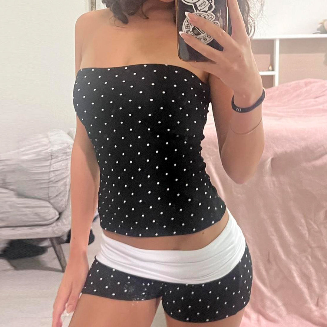 Damen Bandeau-Badeanzug mit Polka Dots und Shorts EB