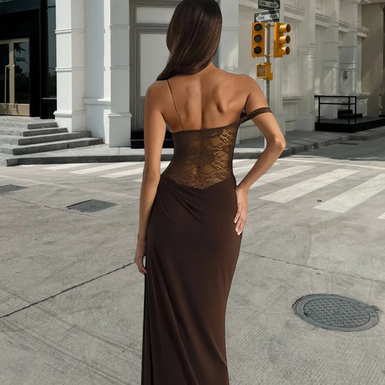 Damen Abendkleid mit schulterfreiem Spitzenoberteil und fließendem Rock EB