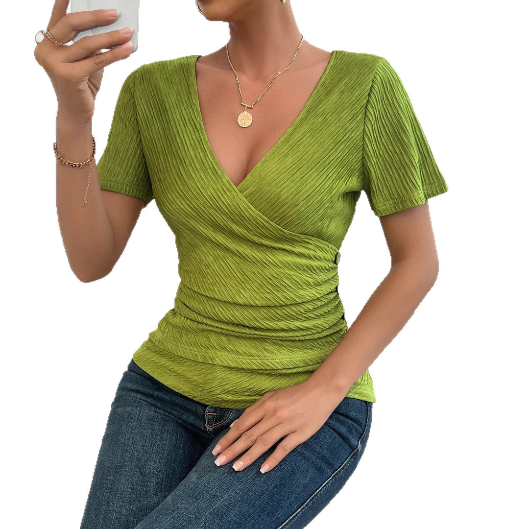 Damen Wickelbluse mit raffinierten Falten und Knopfdetails EB